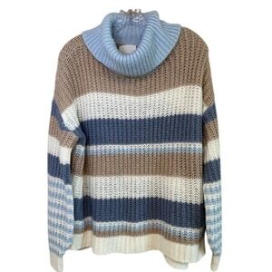 Ultra Flirt Women's Blue White Tan Striped Turtleneck Sweater Size LG